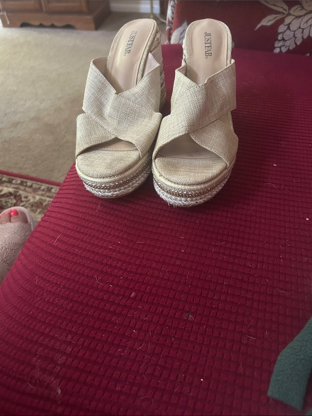 JustFab Metallic Gold Crisscross Wedge Slides